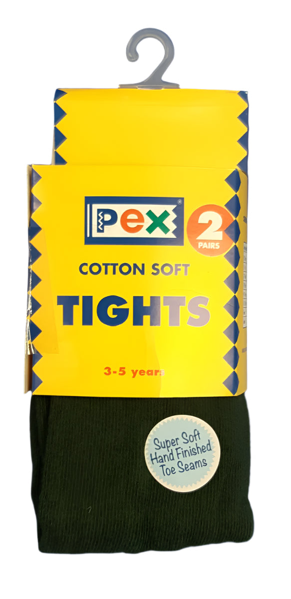 Pack of 2 girls' cotton soft tights in bottle green color, with the brand PEX prominently displayed on the packaging.