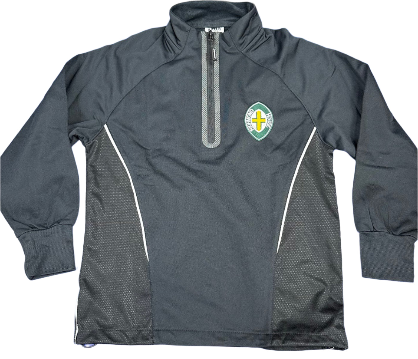 A black tracksuit top with long sleeves, a zipper at the neck, and a logo on the left chest area, displayed on a blue background.