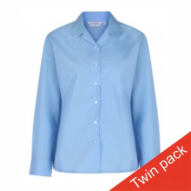 Girls Long Sleeved Rever Collar Blouse – Twin Pack – Blue