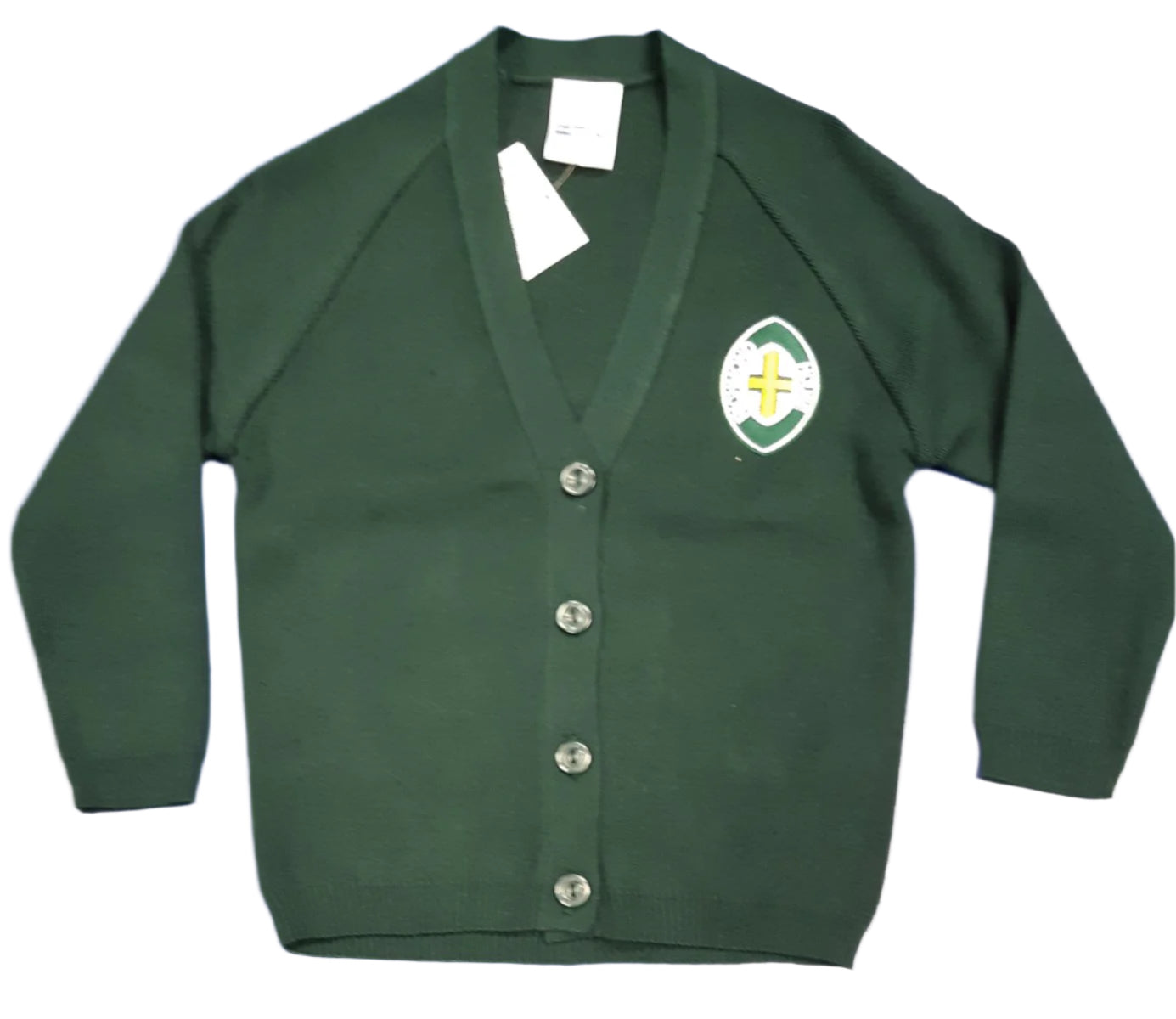 Green cardigan with logo on the chest, suitable for girls, with long sleeves and button closures.