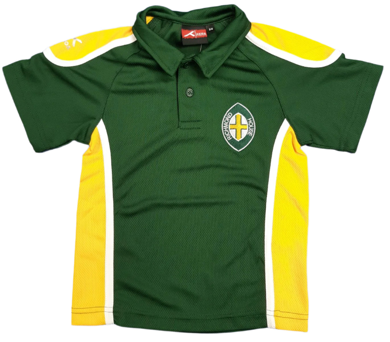 A green, yellow, and white polo shirt with a logo on the chest.