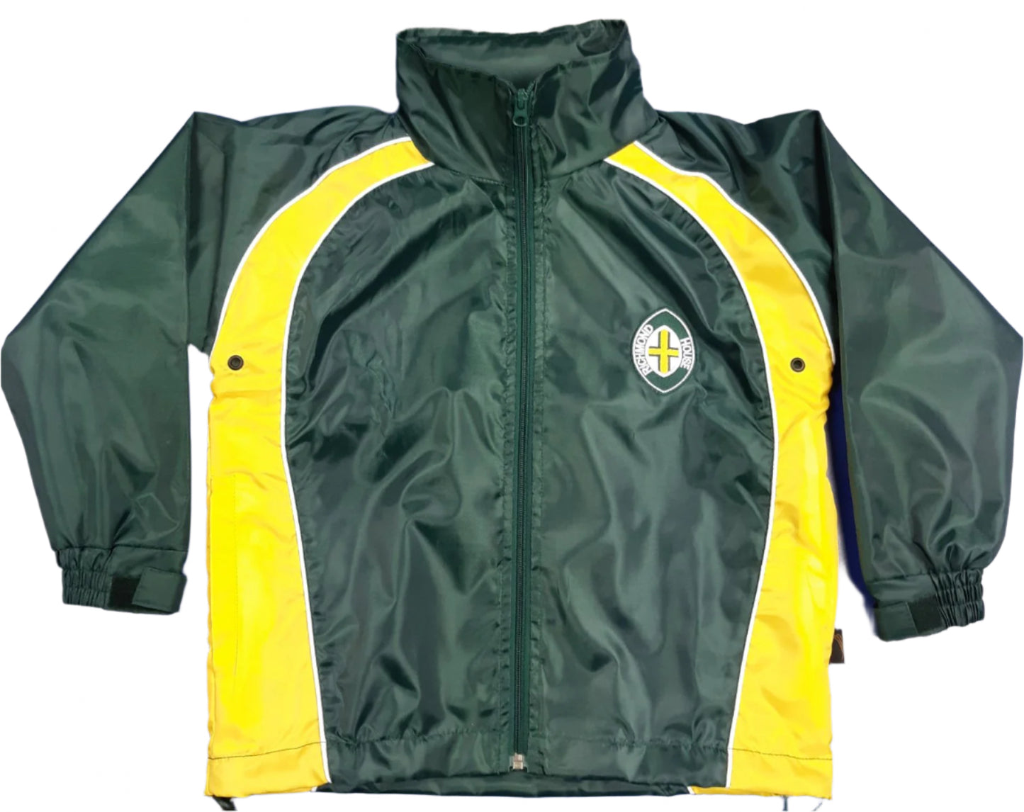 A green and yellow Richmond House sports rain jacket with a visible logo on the chest.