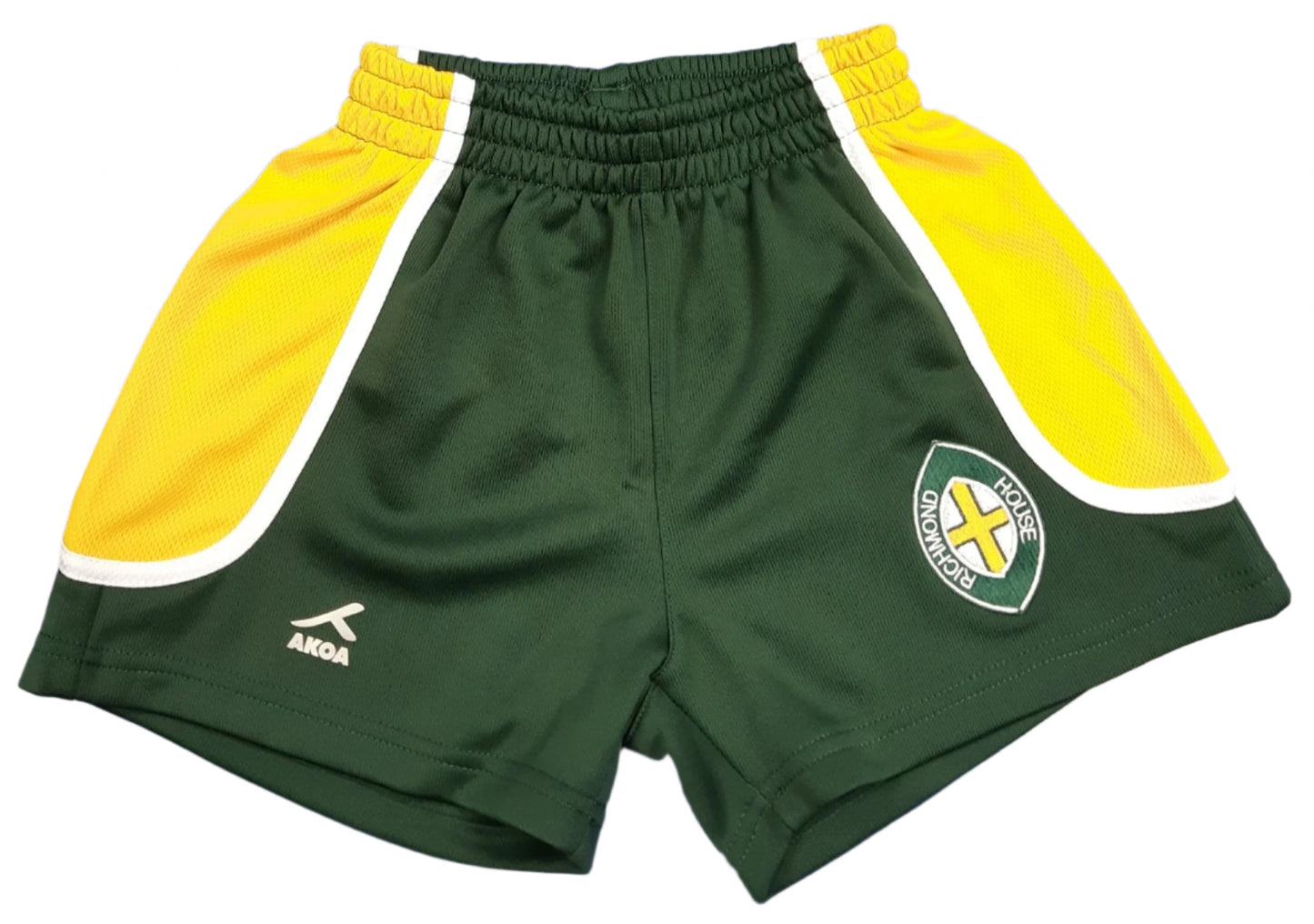 A pair of green Richmond House Akoa Games shorts with yellow accents and a school logo on the left leg.