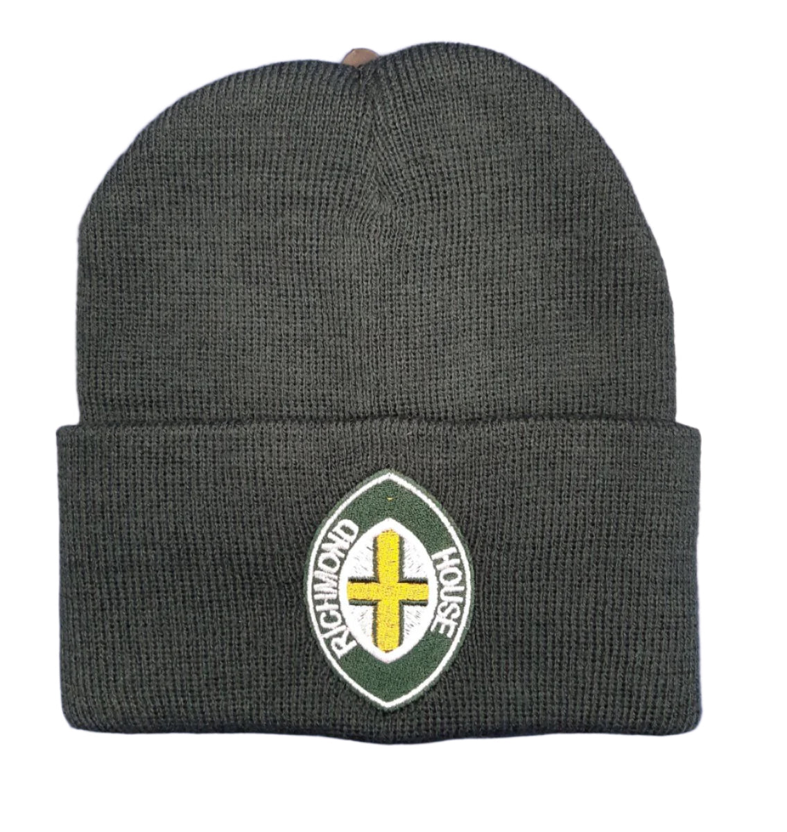 Green beanie with school crest on the front against.