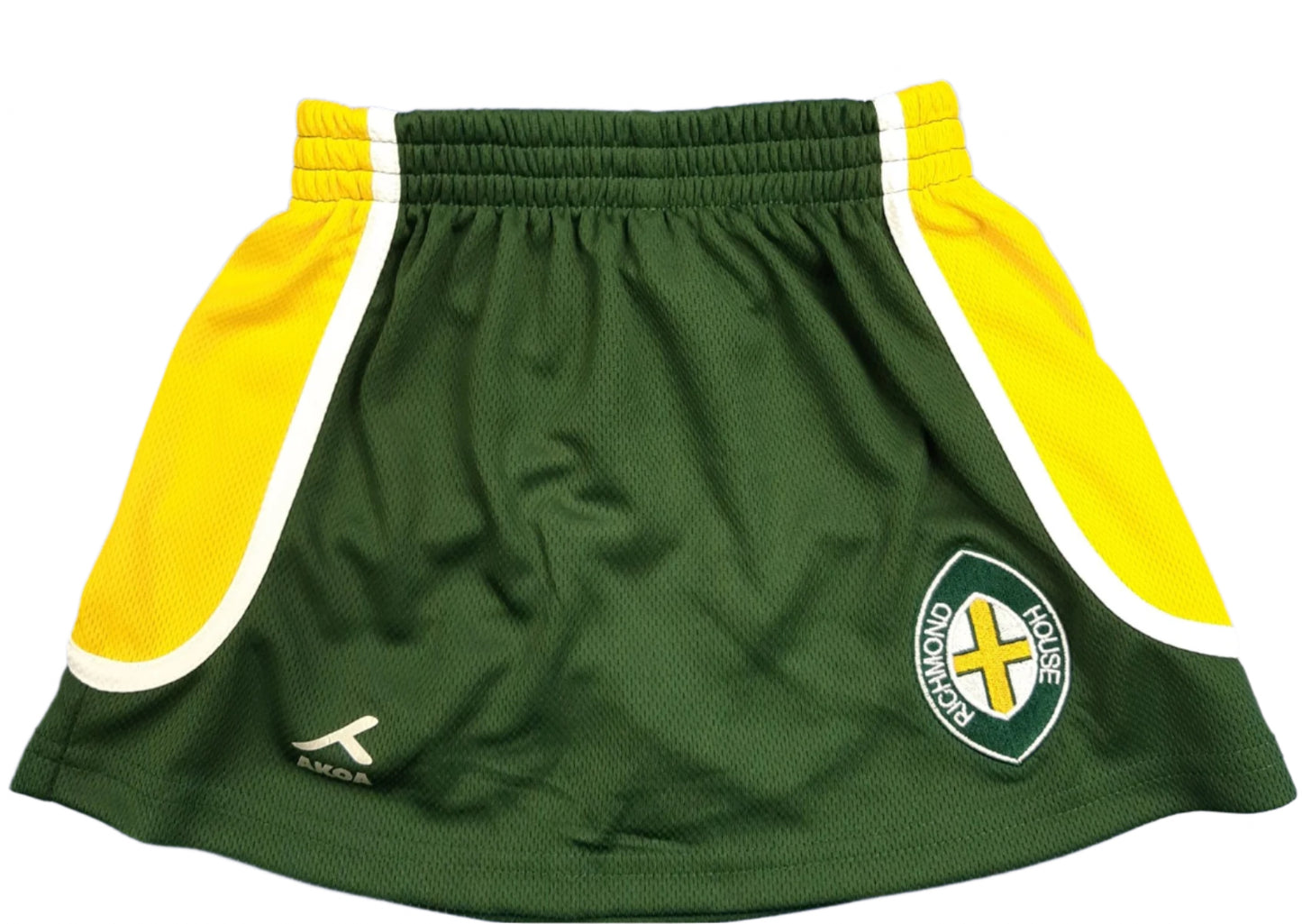 A green and yellow Richmond House school skort with white trim and a logo on the left side.