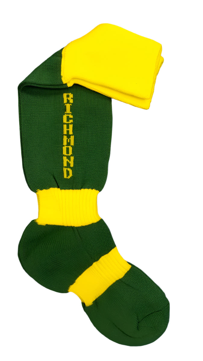 A pair of green and yellow Richmond House sports socks.
