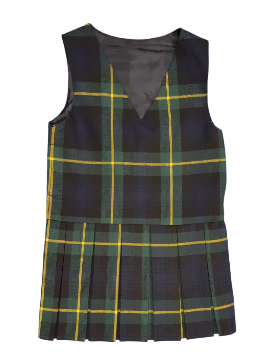 A sleeveless school uniform tunic with a pleated design, featuring a black, green, and yellow tartan pattern.