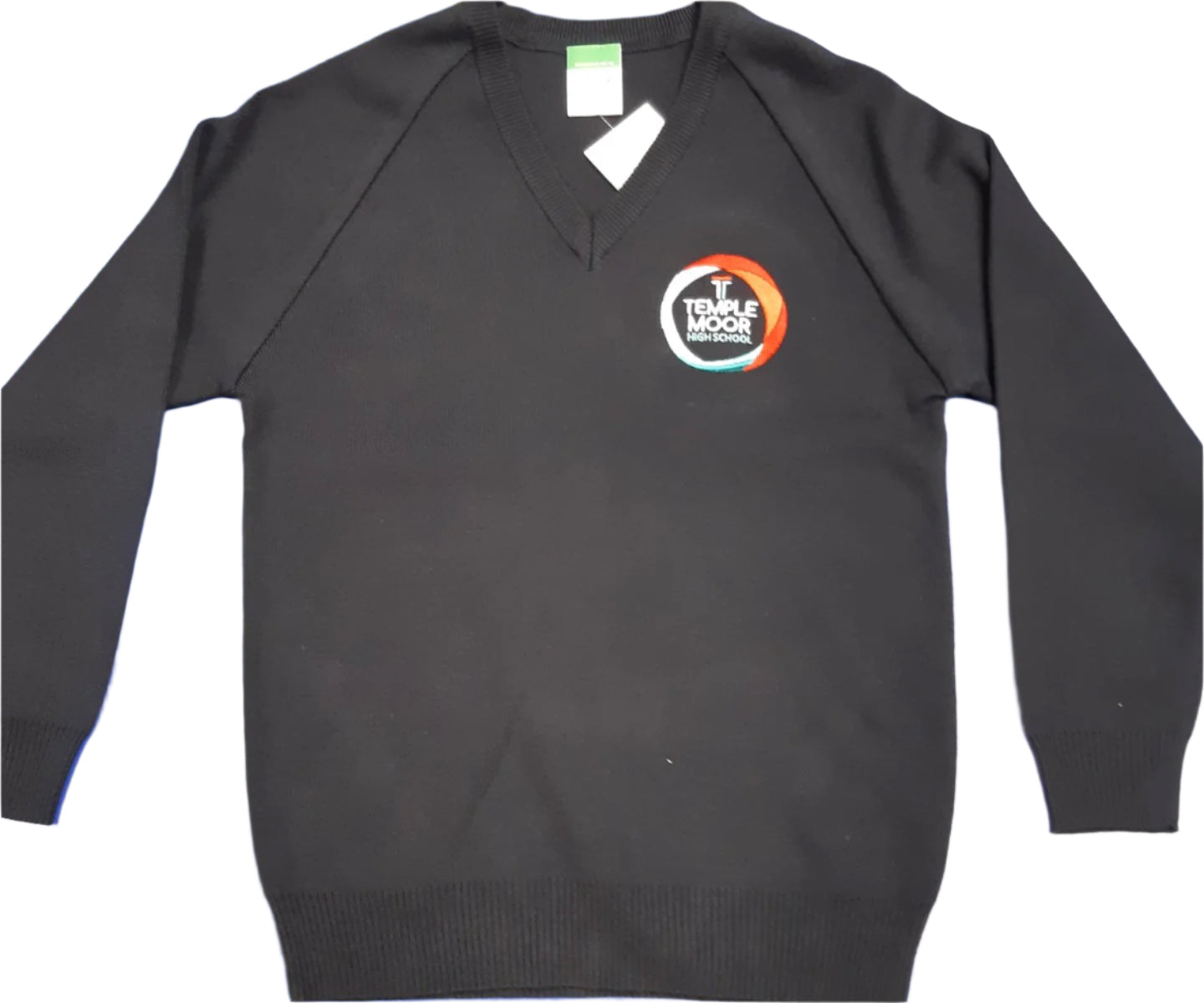 Navy V-neck pullover sweater with a logo on the upper left side.